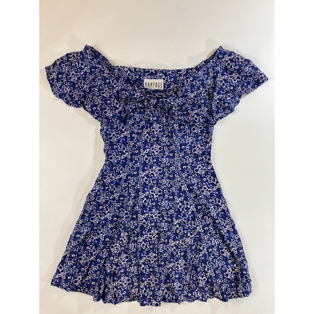 Vintage 90s Rampage Blue Floral Rayon Mini Dress Ruffle Tie Neck Made in Mexico